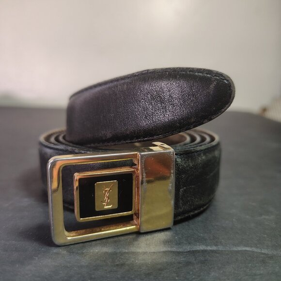 VINTAGE Yves Saint Laurent YSL Belt 42.5" 1" Black Leather Reversible Buckle - Picture 1 of 15
